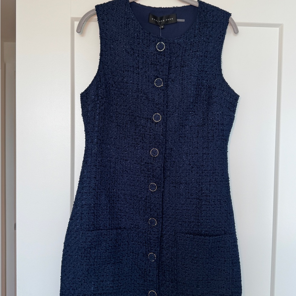 Tahari Navy Sleeveless Tweed Shift Dress